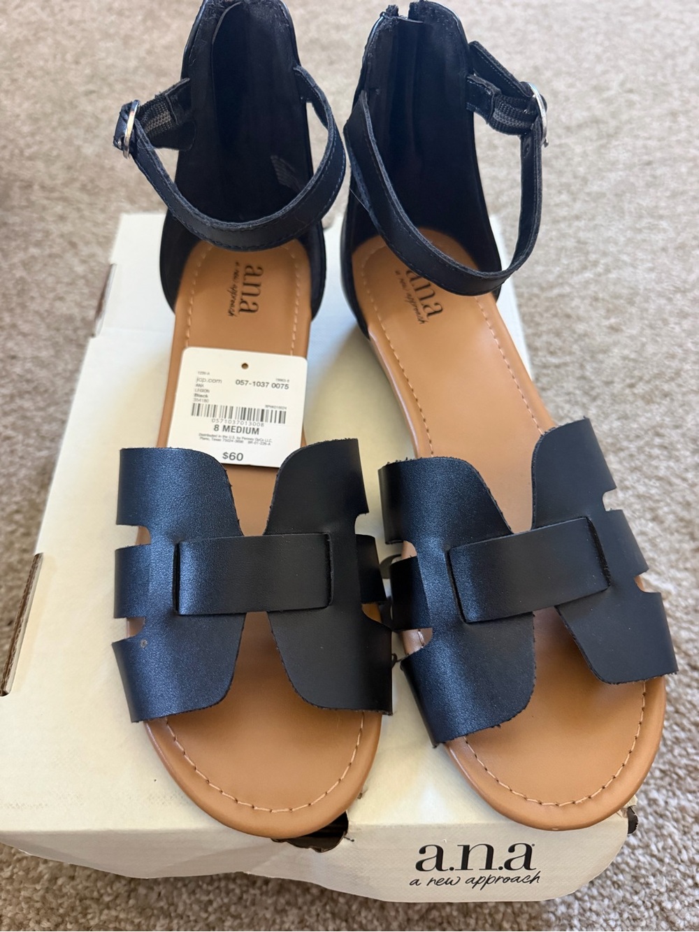 a.n.a Black Ankle-Strap Women's Sandals with Tan Footbed